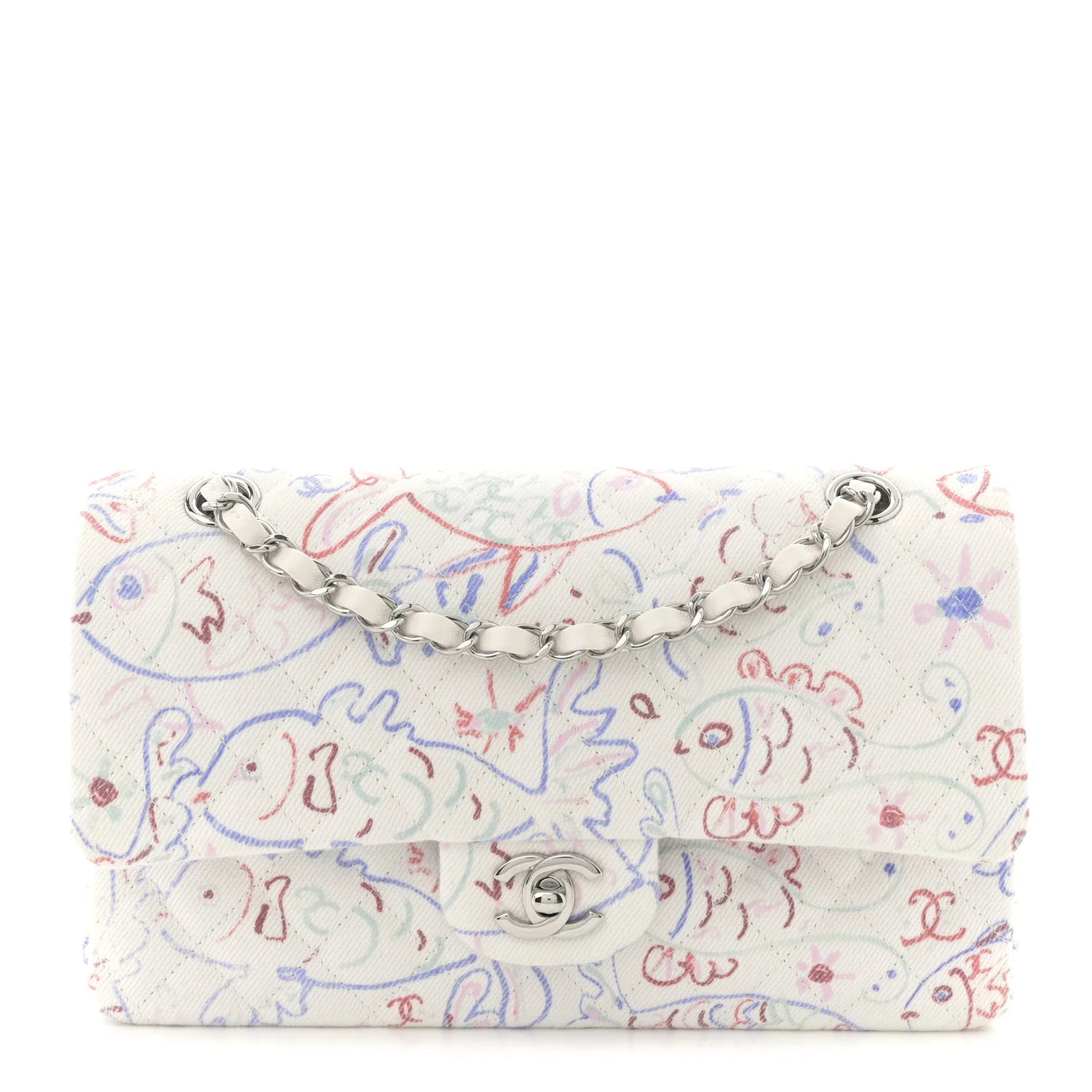 PRE-LOVED CHANEL Denim Printed Fish Quilted Medium Double Flap with Silver Hardware