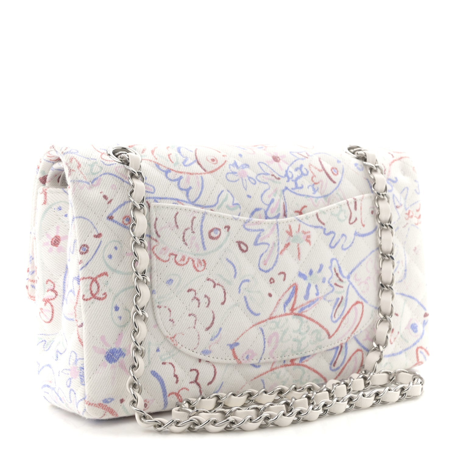 PRE-LOVED CHANEL Denim Printed Fish Quilted Medium Double Flap with Silver Hardware