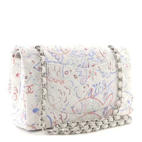 PRE-LOVED CHANEL Denim Printed Fish Quilted Medium Double Flap with Silver Hardware