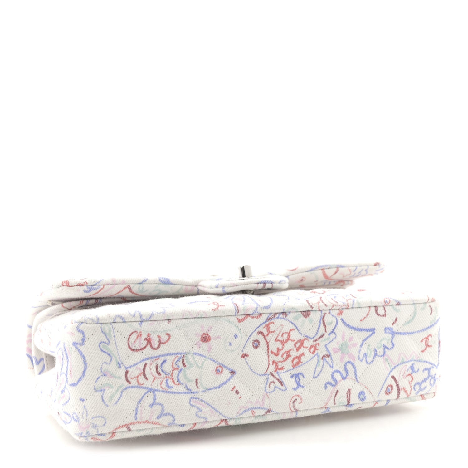 PRE-LOVED CHANEL Denim Printed Fish Quilted Medium Double Flap with Silver Hardware